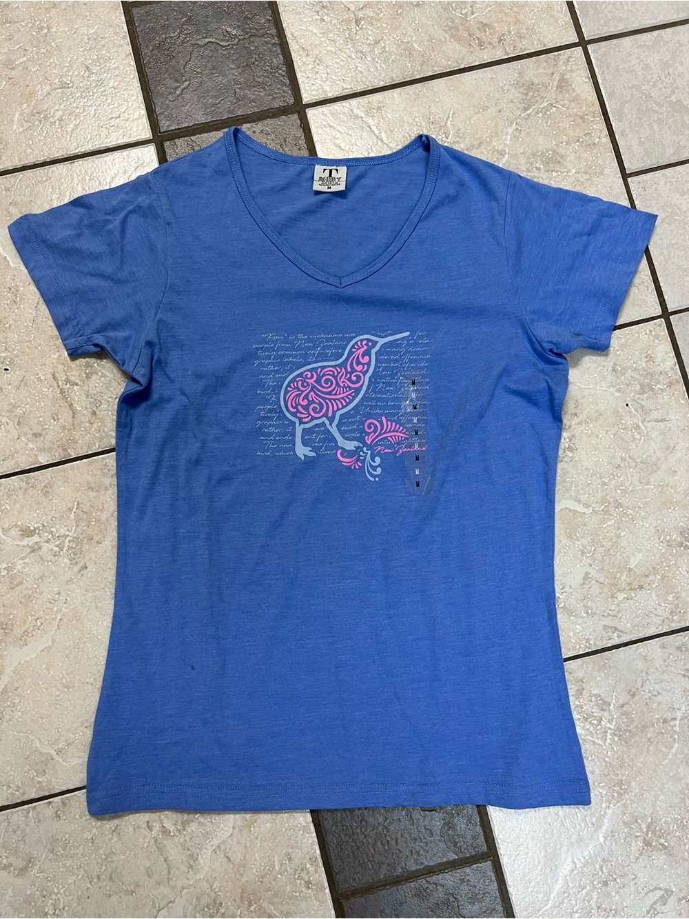 Blue V-Neck Tee with Pink Kiwi- From New Zealand, NWT
